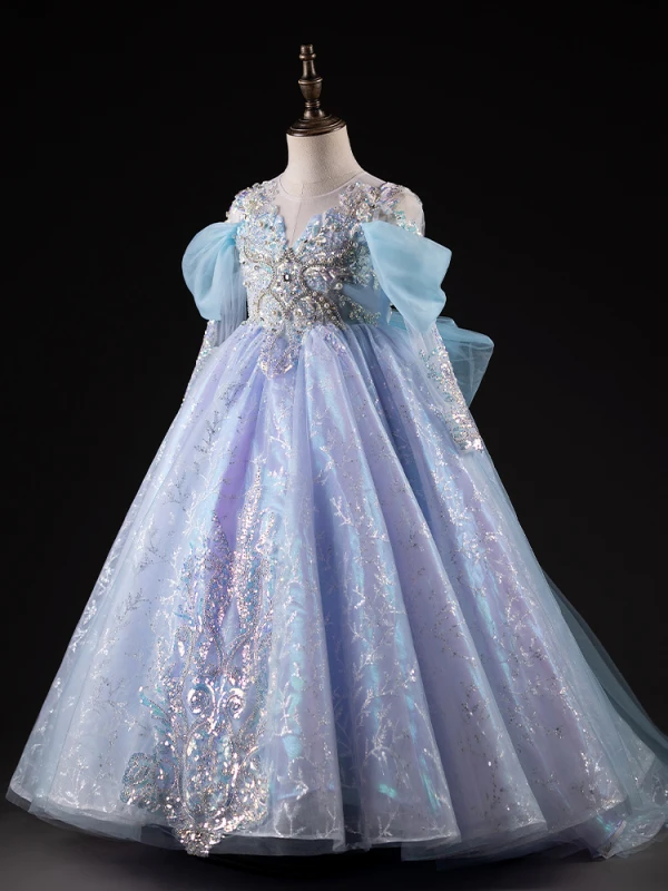 High-end Sky Blue Sequins Beading Pearl Birthday Flower Girl Dresses 2023 Ball Gown Scoop Neck Short Sleeve Backless Bow Floor-Length / Long