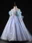 High-end Sky Blue Sequins Beading Pearl Birthday Flower Girl Dresses 2023 Ball Gown Scoop Neck Short Sleeve Backless Bow Floor-Length / Long