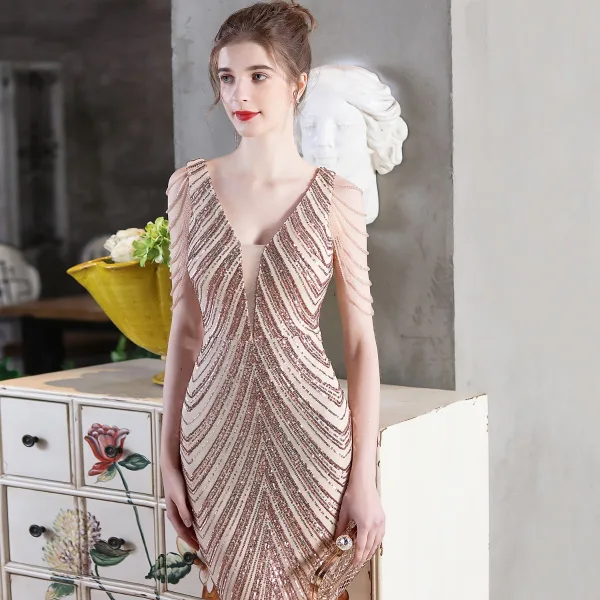 Charming White Beading Sequins Evening Dresses 2023 Trumpet / Mermaid V-Neck Sleeveless Backless Floor-Length / Long Evening Party Formal Dresses
