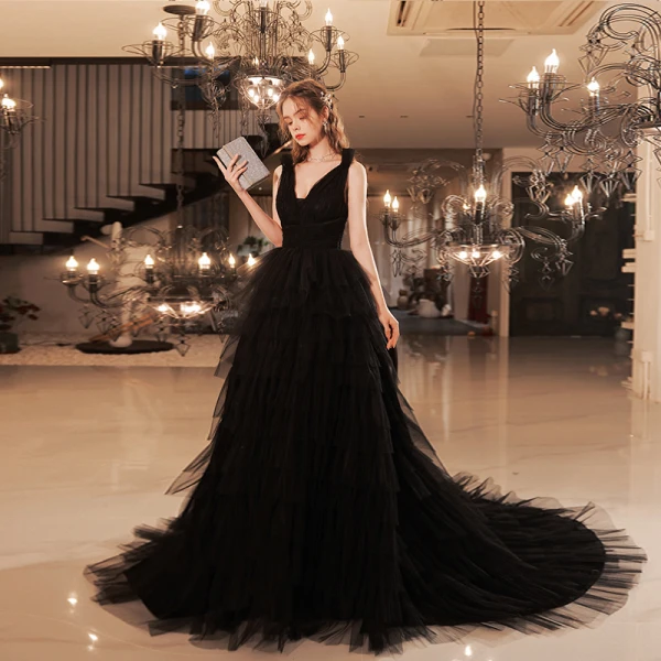 Sexy Black Cascading Ruffles Prom Dresses 2022 A-Line / Princess V-Neck Sleeveless Backless Floor-Length / Long Prom Formal Dresses