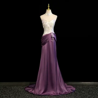 Chinese Style Purple Appliques Evening Dresses 2025 Trumpet Mermaid Strapless Sleeveless Backless Sweep Train Evening Party Formal Dresses