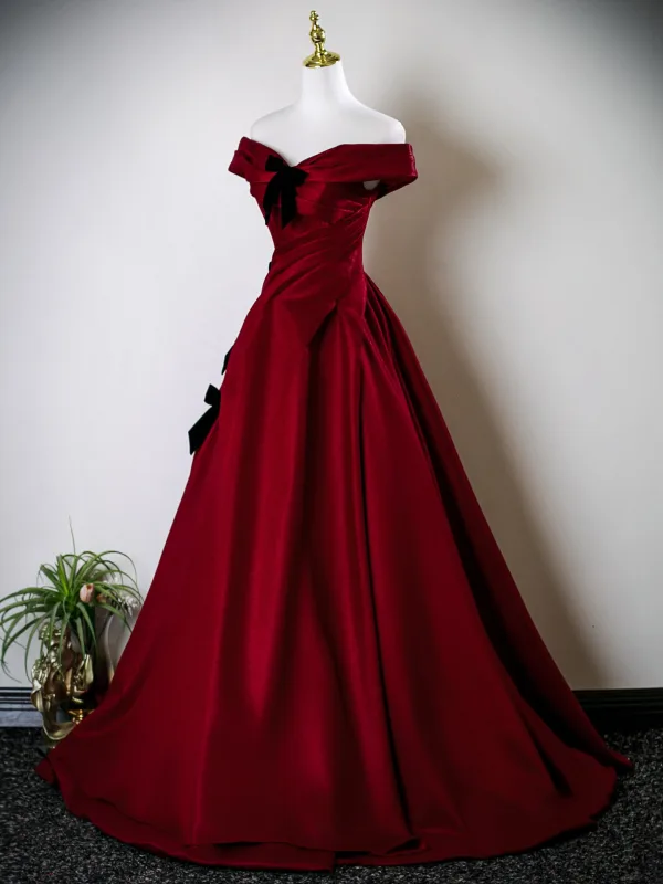 Elegant Burgundy Bow Prom Dresses 2025 Ball Gown Off-The-Shoulder Short Sleeve Backless Sweep Train Formal Dresses