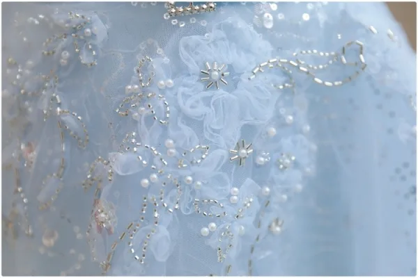 Chic / Beautiful Sky Blue Appliques Beading Pearl Sequins Birthday Flower Girl Dresses 2024 A-Line / Princess Scoop Neck Short Sleeve Tulle Floor-Length / Long