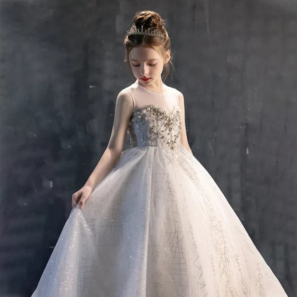Charming White Beading Pearl Rhinestone Sequins Tassel Birthday Flower Girl Dresses 2025 Ball Gown Scoop Neck Sleeveless Sweep Train