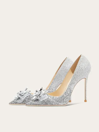 Scintillantes Argenté Cristal Paillettes Chaussure De Mariée 2024 10 Cm Talons Aiguilles À Bout Pointu Mariage Escarpins Talons Hauts
