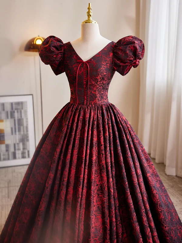 Vintage / Retro Burgundy Printing Prom Dresses 2023 Ball Gown V-Neck Puffy Short Sleeve Backless Floor-Length / Long Prom Formal Dresses