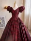 Vintage / Retro Burgundy Printing Prom Dresses 2023 Ball Gown V-Neck Puffy Short Sleeve Backless Floor-Length / Long Prom Formal Dresses