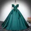 Elegant Dark Green Satin Prom Dresses 2024 Ball Gown Off-The-Shoulder Short Sleeve Backless Floor-Length / Long Prom Formal Dresses