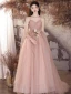 Simple Rougissant Rose Appliques Robe De Bal 2024 Princesse Bretelles Spaghetti Sans Manches Dos Nu Longue Robe De Ceremonie