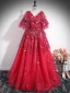 Charming Red Star Sequins Prom Dresses 2024 Ball Gown V-Neck Short Sleeve Backless Floor-Length / Long Prom Formal Dresses