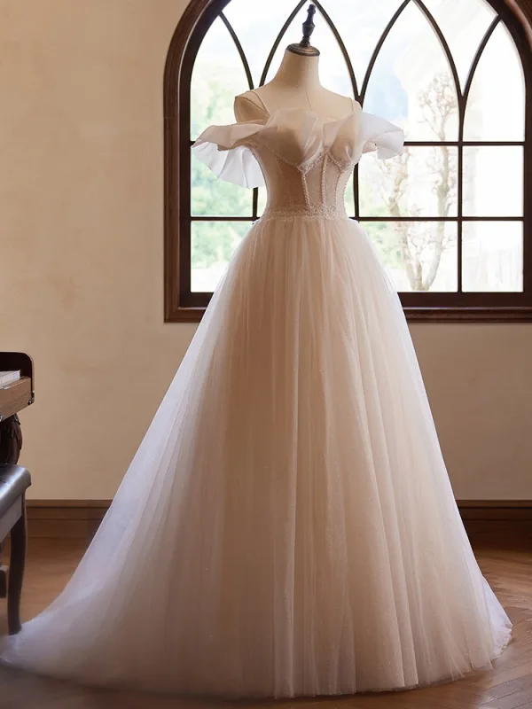 Chic / Beautiful Champagne Beading Pearl Lace Flower Prom Dresses 2024 A-Line / Princess Spaghetti Straps Sleeveless Backless Floor-Length / Long Prom Formal Dresses