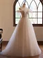 Chic / Beautiful Champagne Beading Pearl Lace Flower Prom Dresses 2024 A-Line / Princess Spaghetti Straps Sleeveless Backless Floor-Length / Long Prom Formal Dresses