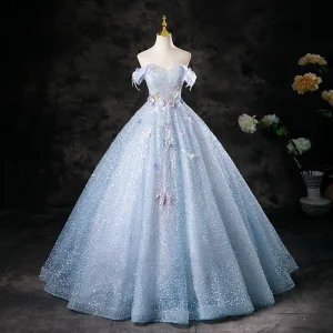 Bling Bling Sky Blue Beading Appliques Sequins Prom Dresses 2025 Ball Gown Off The Shoulder Sleeveless Backless Floor Length Long Formal Dresses