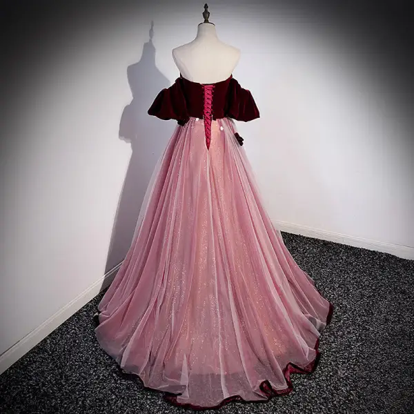 Elegant Burgundy Appliques Prom Dresses 2022 A-Line / Princess Strapless Pearl Sleeveless Backless Floor-Length / Long Prom Formal Dresses