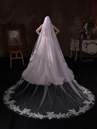 Elegant White Lace Flower Chapel Train Wedding Veils 2025 3 5 M Tulle