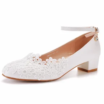 Élégant Blanche En Dentelle Fleur Chaussure De Mariée 2022 Bride Cheville 3 Cm Talons Épais Talon Bas À Bout Rond Mariage Talons Hauts