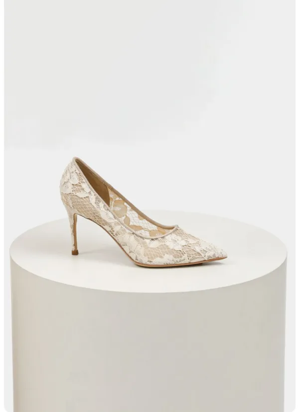 Elegant Ivory Leather Lace Wedding Shoes 2024 Wedding 6 cm Stiletto Heels Pointed Toe Pumps High Heels