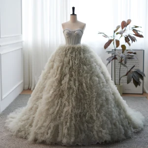 Mode Gris Plissée Robe De Bal 2023 Robe Boule Bustier Sans Manches Dos Nu Train De Balayage Promo Robe De Ceremonie
