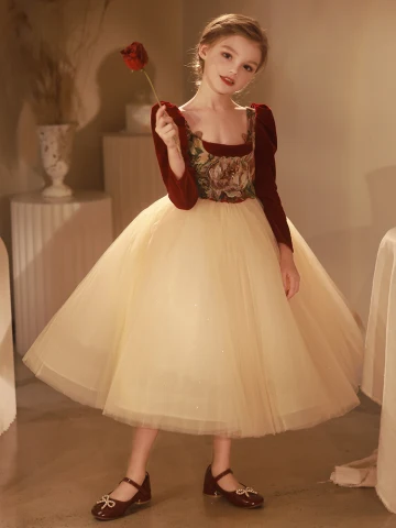 Chic Beautiful Burgundy Printing Birthday Flower Girl Dresses 2024 Ball Gown Square Neckline Long Sleeve Backless Tea Length