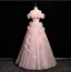 Chic / Beautiful Blushing Pink Appliques Pearl Prom Dresses 2025 A-Line / Princess Off-The-Shoulder Short Sleeve Backless Floor-Length / Long Prom Formal Dresses