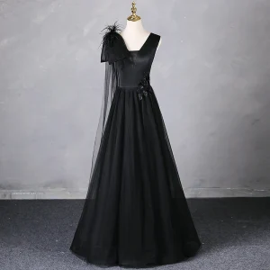 Élégant Noire Gland Appliques Robe De Bal 2024 Dos Nu Princesse V Cou Sans Manches Longue Promo Robe De Ceremonie