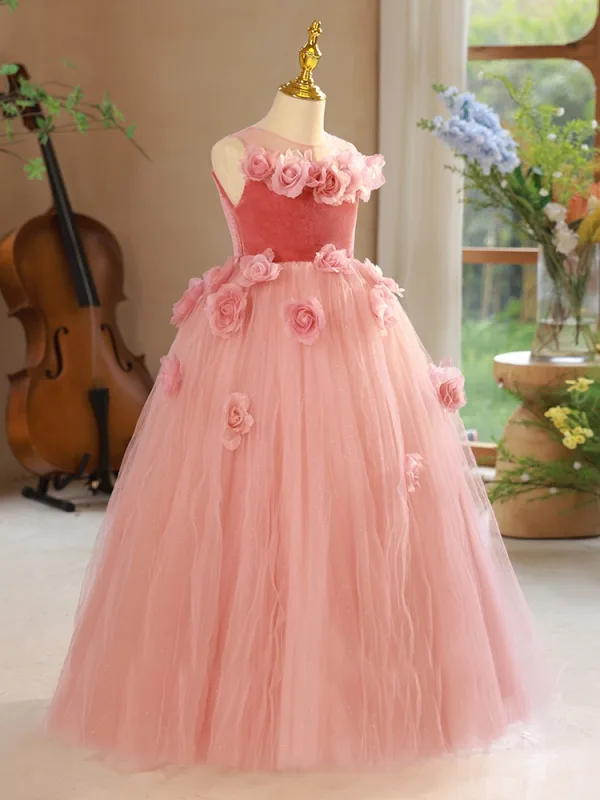 Elegant Blushing Pink Appliques Flower Girl Dresses 2024 Ball Gown Scoop Neck Flower Girl Dresses Backless Floor-Length / Long Birthday Sleeveless