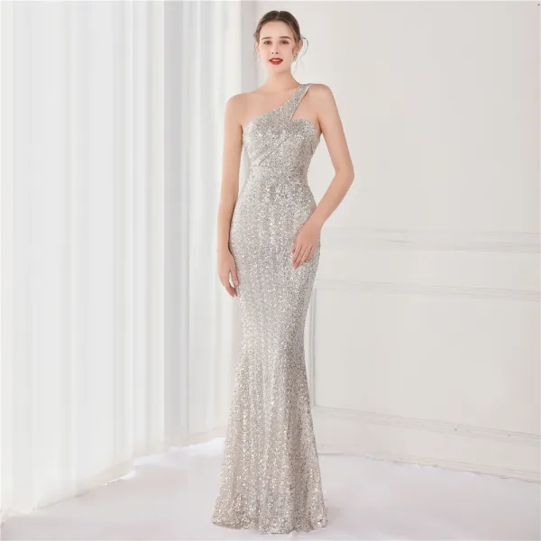 Sparkly Beige Sequins Evening Dresses 2022 A-Line / Princess One-Shoulder Sleeveless Backless Floor-Length / Long Evening Party Formal Dresses