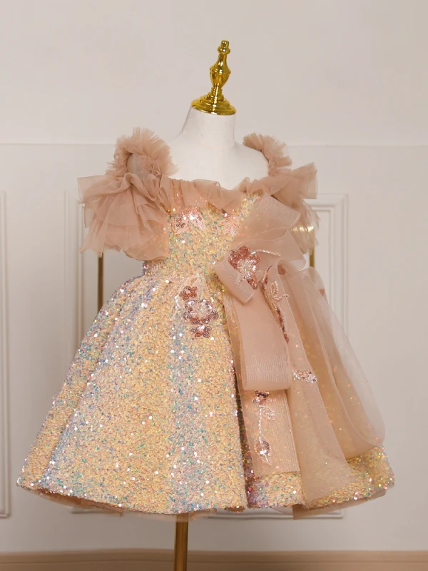 Scintillantes Doré Perlage Paillettes Noeud Courte Anniversaire Robe Ceremonie Fille 2023 Robe Boule Encolure Carrée Manches Courtes Dos Nu