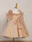 Scintillantes Doré Perlage Paillettes Noeud Courte Anniversaire Robe Ceremonie Fille 2023 Robe Boule Encolure Carrée Manches Courtes Dos Nu