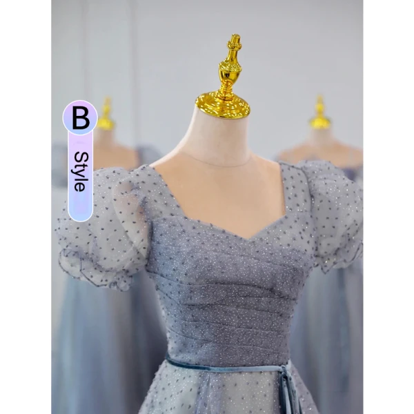 Chic / Beautiful Ocean Blue Glitter Spotted Bridesmaid Dresses 2023 A-Line / Princess Puffy Short Sleeve Backless Floor-Length / Long Bridesmaid