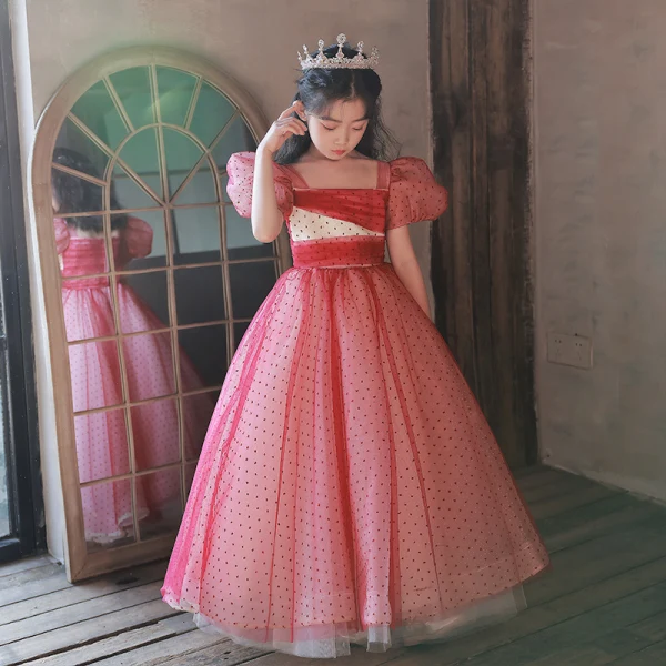 Chic / Beautiful Red Spotted Birthday Flower Girl Dresses 2022 Ball Gown Square Neckline Puffy Short Sleeve Floor-Length / Long Flower Girl Dresses