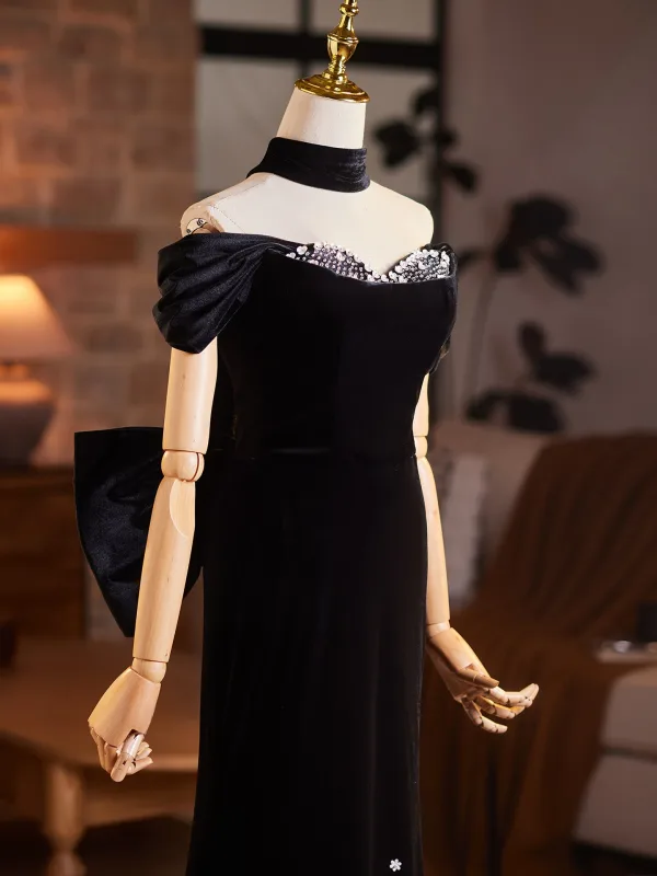Sexy Black Sequins Velvet Evening Dresses 2026 Trumpet / Mermaid Off-The-Shoulder Short Sleeve Backless Bow Floor-Length / Long Evening Party Formal Dresses