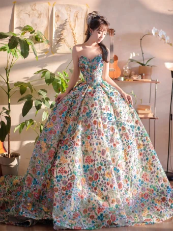 Fantaisie Vert Brodé Floral Robe De Bal 2023 Robe Boule Bustier Sans Manches Dos Nu Longue Promo Robe De Ceremonie