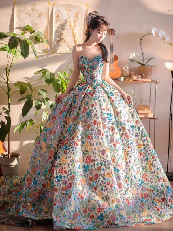 Fancy Green Embroidered Floral Prom Dresses 2023 Ball Gown Strapless  Sleeveless Backless Floor Length Long Prom