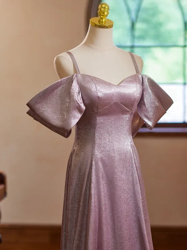 Chic / Beautiful Dusky Pink Glitter Prom Dresses 2024 A-Line / Princess Spaghetti Straps Short Sleeve Backless Floor-Length / Long Prom Formal Dresses