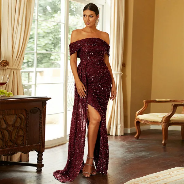 Glitzernden Sexy Burgunderrot Pailletten Abendkleider 2022 Meerjungfrau Off Shoulder Kurze Ärmel Rückenfreies Gespaltete Front Lange Abend Festliche Kleider