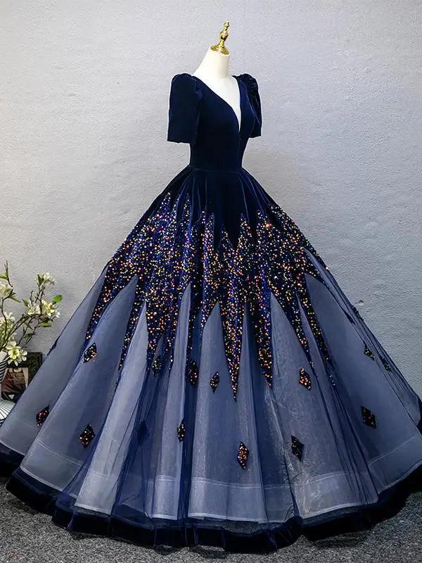 blue elegant prom dress Blue Tulle Sequins Long Prom Dresses, A-Line Strapless Evening Dresses US 4 / Blue