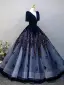 Elegant Navy Blue Sequins Prom Dresses 2025 Ball Gown V-Neck Short Sleeve Backless Floor-Length / Long Prom Formal Dresses