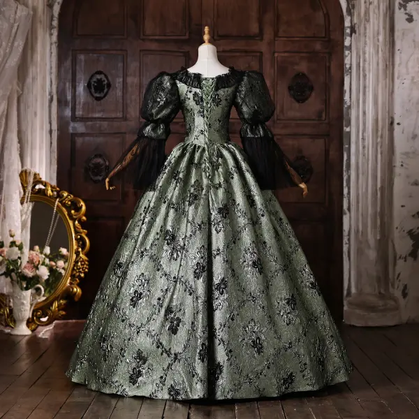 Medieval Vintage / Retro Dark Green Beading Appliques Printing Prom Dresses 2026 Ball Gown Square Neckline Bell sleeves Floor-Length / Long Formal Dresses