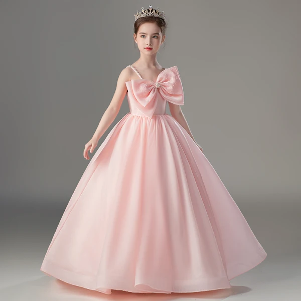 Lovely Blushing Pink Birthday Flower Girl Dresses 2022 Ball Gown Spaghetti Straps Sleeveless Backless Pearl Bow Floor-Length / Long Flower Girl Dresses