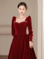 Elegant Burgundy Winter Suede Prom Dresses 2023 A-Line / Princess Square Neckline Rhinestone Long Sleeve Backless Bow Floor-Length / Long Prom Formal Dresses