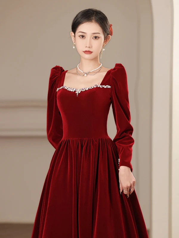 Elegant Burgundy Winter Suede Prom Dresses 2023 A-Line / Princess Square  Neckline Rhinestone Long Sleeve Backless Bow Floor-Length / Long Prom  Formal Dresses