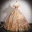 Sparkly Champagne Sequins Prom Dresses 2025 Ball Gown Ruffle Off-The-Shoulder Short Sleeve Backless Floor-Length / Long Formal Dresses