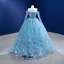 Elegant Pool Blue Pearl Appliques Prom Dresses 2022 Ball Gown Off-The-Shoulder Long Sleeve Backless Floor-Length / Long Formal Dresses