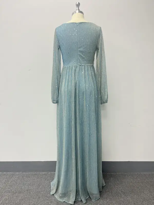 Bling Bling Pool Blue Sequins Evening Dresses 2024 A-Line / Princess V-Neck Long Sleeve Backless Floor-Length / Long Evening Party Formal Dresses