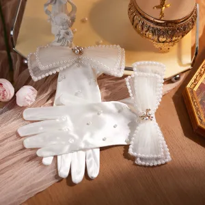 Vintage Retro Ivory Pearl Bow Satin Bridal Gloves 2026 Wedding