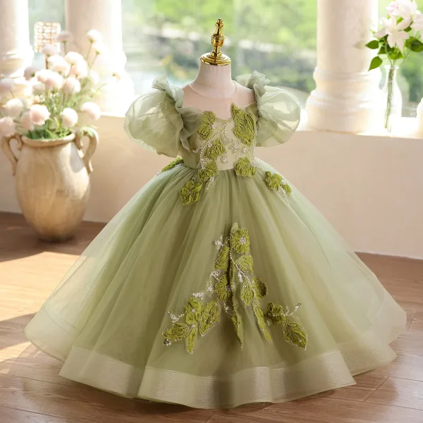 Chic / Beautiful Sage Green Beading Birthday Flower Girl Dresses 2025 Ball Gown Scoop Neck Puffy Short Sleeve Backless Floor-Length / Long
