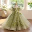 Chic / Beautiful Sage Green Beading Birthday Flower Girl Dresses 2025 Ball Gown Scoop Neck Puffy Short Sleeve Backless Floor-Length / Long