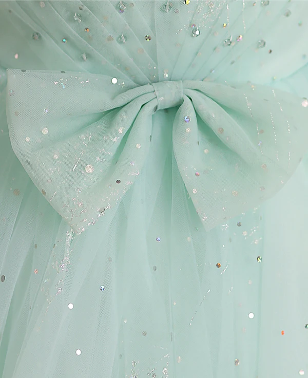 Chic / Belle Vert Cendré Paillettes Noeud Anniversaire Robe Ceremonie Fille 2024 Robe Boule Col Haut Gonflée Manches Courtes Longue