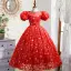 Modern / Fashion Red Birthday Glitter Sequins Rhinestone Flower Girl Dresses 2022 Ball Gown Scoop Neck Puffy Short Sleeve Backless Floor-Length / Long Flower Girl Dresses
